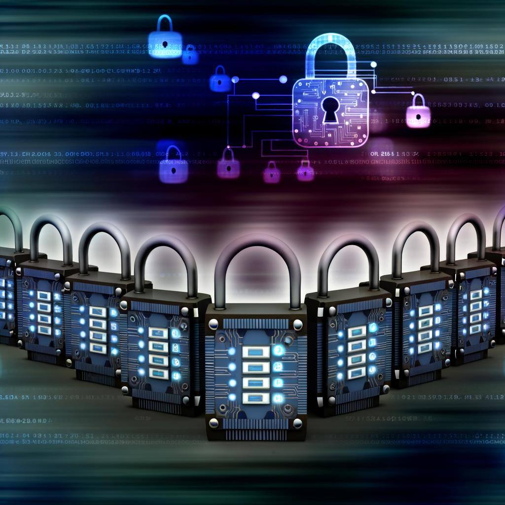Visualize a scene featuring a number of secure digital transaction locks. These locks should be cutting-edge, implying a high level of security for digital transactions. They might be shaped like traditional padlocks but should have digital elements like circuits, glowing lights or numbers, and keypads. They could be hovering over an abstract background suggestive of cyberspace or digital networks. The locks might be different sizes, representing varying levels of security, and could be colored in cool metallic tones, reflecting their digital nature. Visualize a scene featuring a number of secure digital transaction locks. These locks should be cutting-edge, implying a high level of security for digital transactions. They might be shaped like traditional padlocks but should have digital elements like circuits, glowing lights or numbers, and keypads. They could be hovering over an abstract background suggestive of cyberspace or digital networks. The locks might be different sizes, representing varying levels of security, and could be colored in cool metallic tones, reflecting their digital nature.